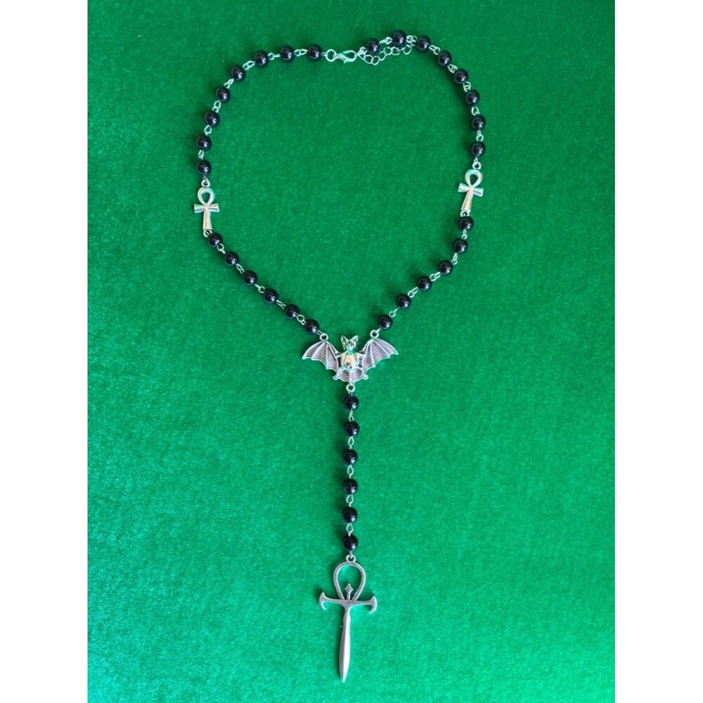 NEW Gothic bat sword & Ankh cross black beads vampire rosary necklace Egyptian